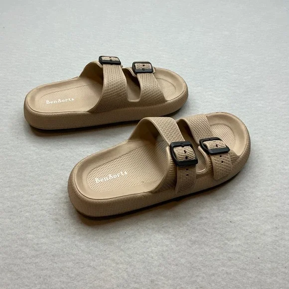 BenSorts Slide Sandals Double Buckle Beige Tan Size 40-41 Womens Comfort Slides - Picture 5 of 11